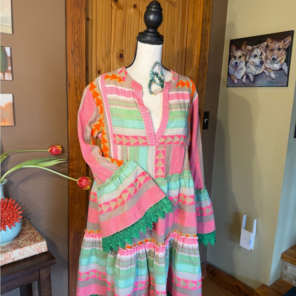 Neon Aztec Jacquard Mini-Dress with embellished lace trim includes two bracelets - Picture 4 of 12